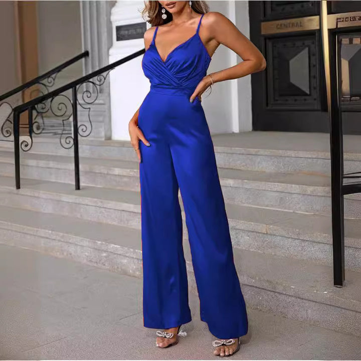 Damen Eleganter Jumpsuit mit tiefem V-Ausschnitt und schmaler Taille Drune