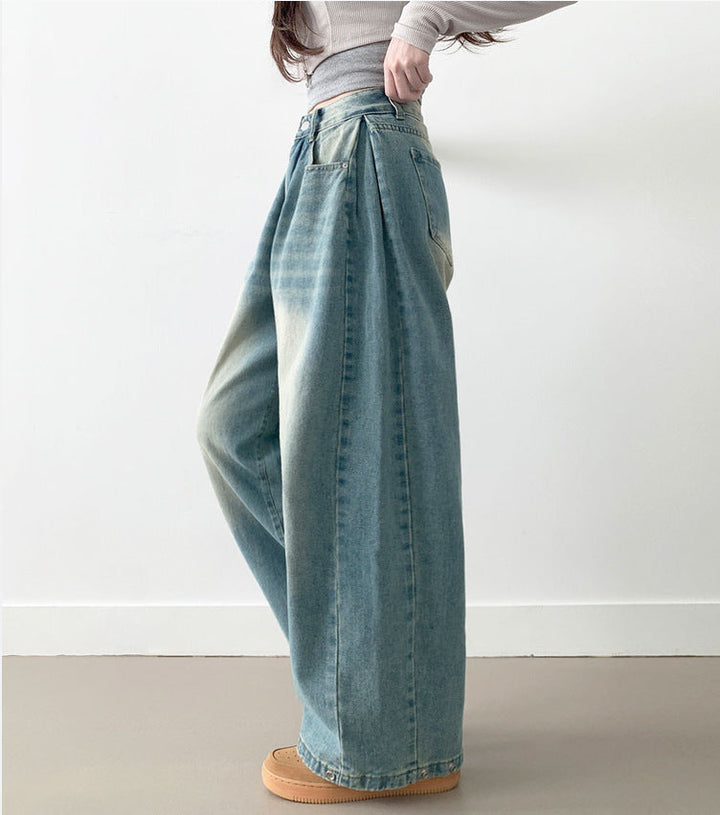 Damen Weite High-Waist Denim-Hose mit Faltenwurf Drune