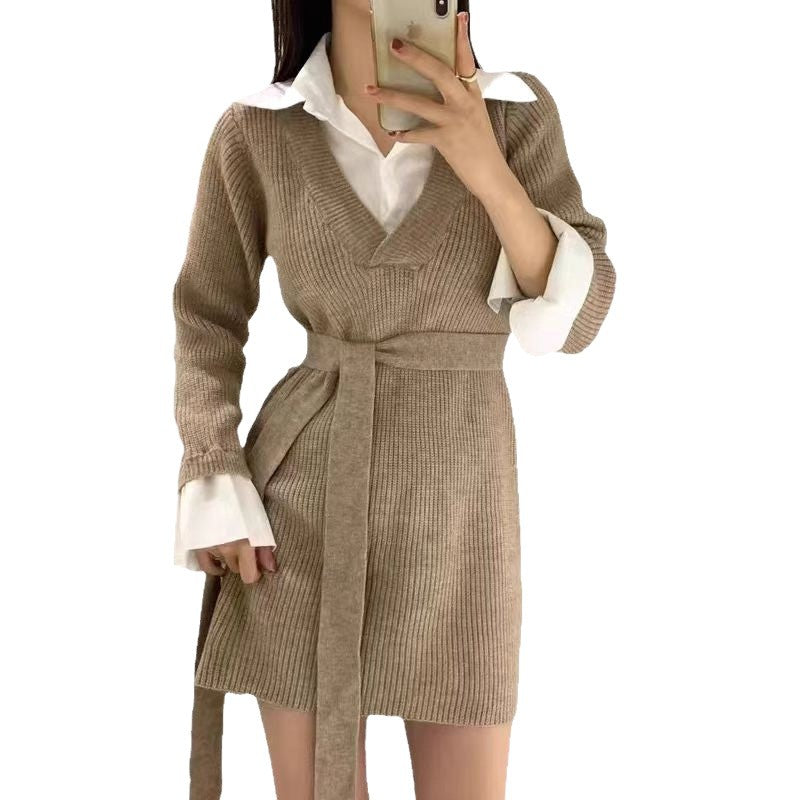 Damen elegantes Strickkleid mit tailliertem Gürtel und ausgefallenem Kragen Drune