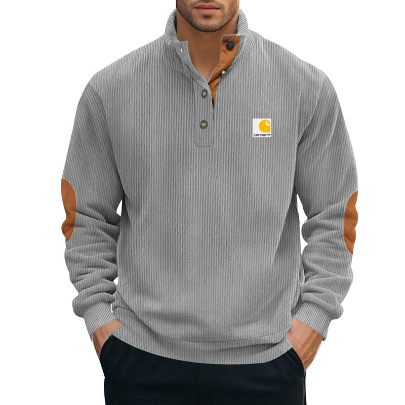 Herren nan Strickpullover im Troyer-Stil mit Stehkragen Lederbesatz Druckknopfleiste und Ellbogen-Patches Drune