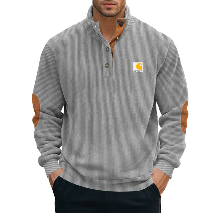 Herren nan Strickpullover im Troyer-Stil mit Stehkragen Lederbesatz Druckknopfleiste und Ellbogen-Patches Drune