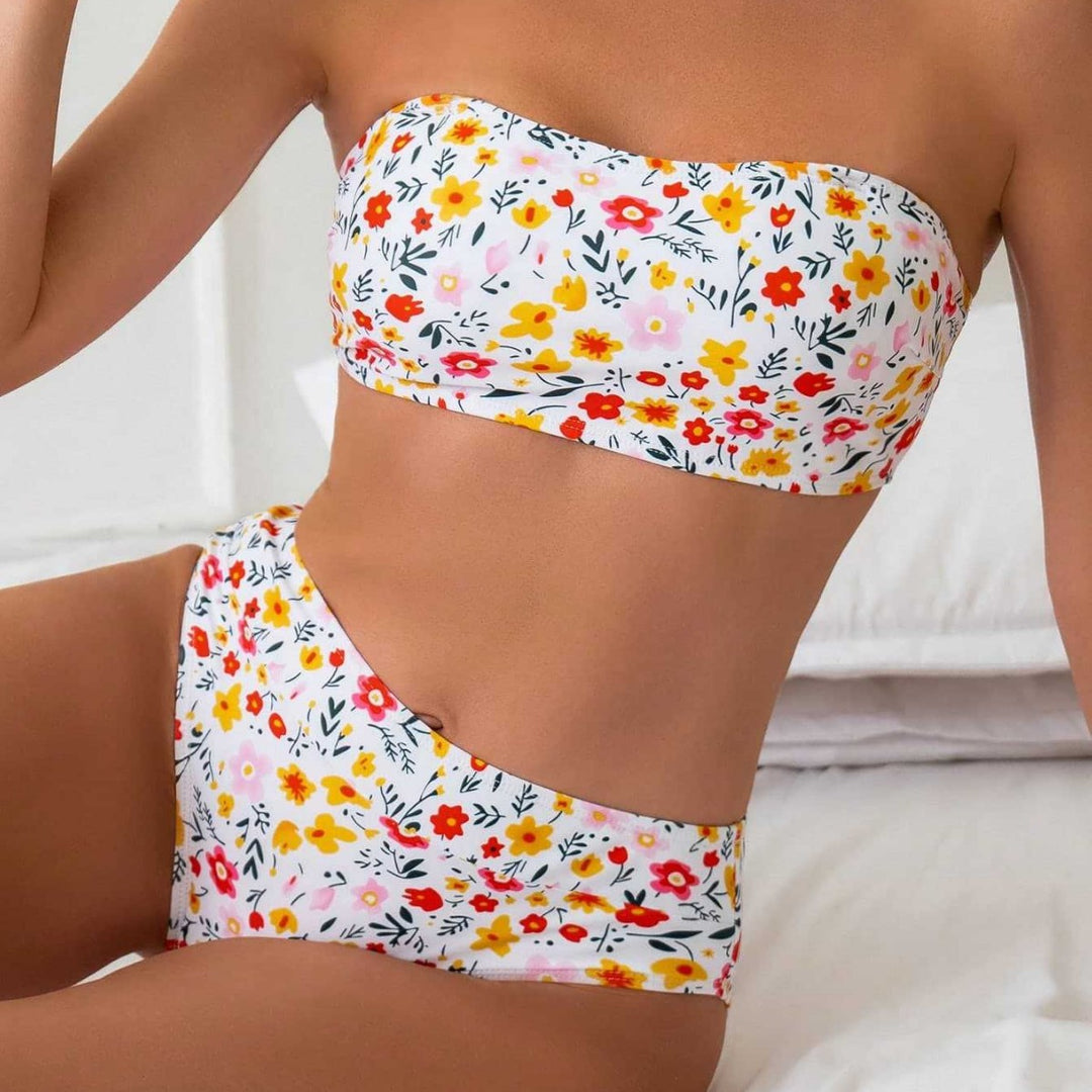 Damen Bandeau-Bikini mit hoch geschnittenem Unterteil und floralem Print Drune