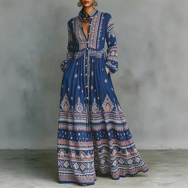 Damen Maxikleid im Boho‑Ethno‑Stil mit Stehkragen, durchgehender Knopfleiste und Eingrifftaschen Drune
