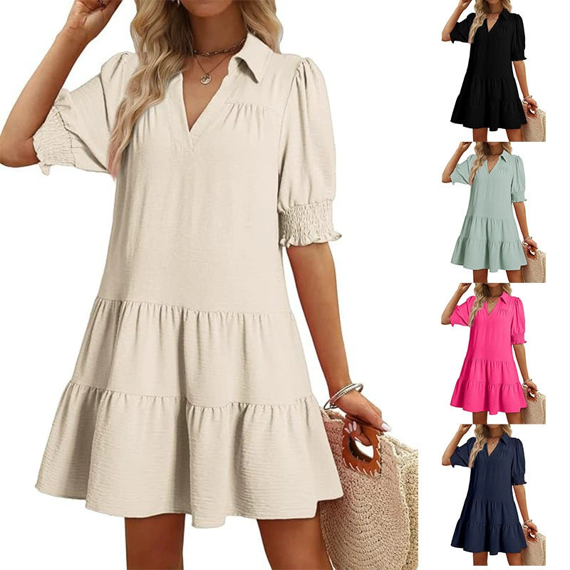 Damen luftiges Sommerkleid mit schickem Kragen und Rüschendetails Drune