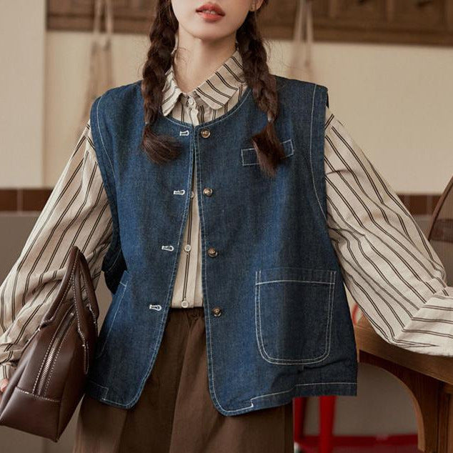 Damen Denim-Weste mit Knopfverschluss und Taschen Drune