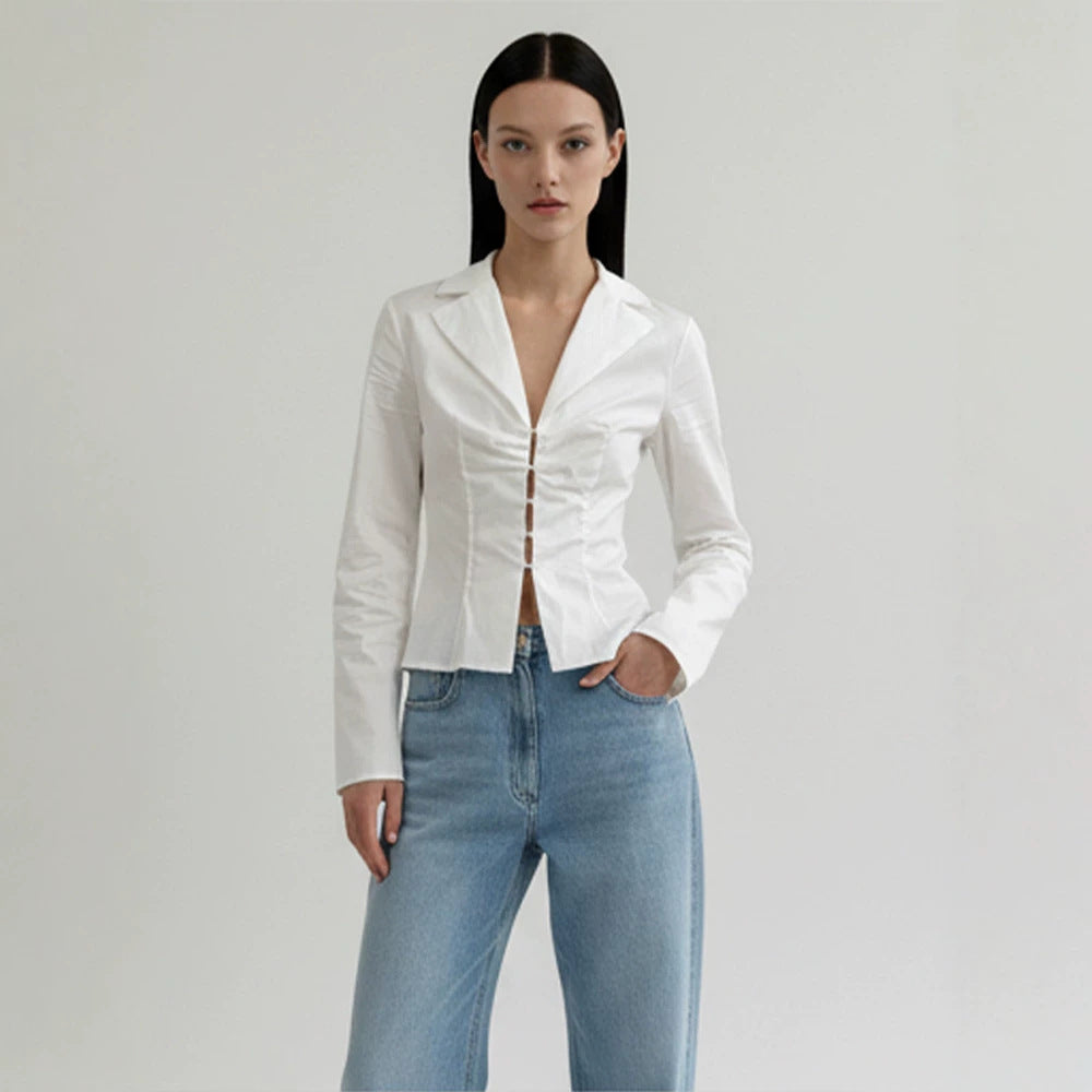 Damen Taillierte Popeline-Hemdbluse mit Korsettnähten & Häkchenfront Drune