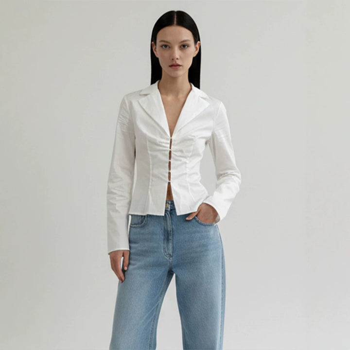 Damen Taillierte Popeline-Hemdbluse mit Korsettnähten & Häkchenfront Drune