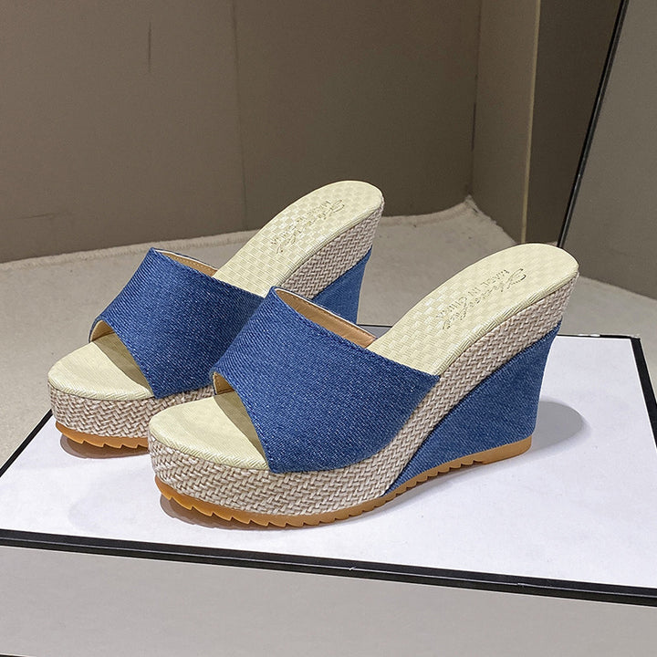 Damen nan Keil-Pantolette mit offenem Zehenbereich breitem Textilriemen Bast-Plateau und gepolstertem Komfortfußbett Drune