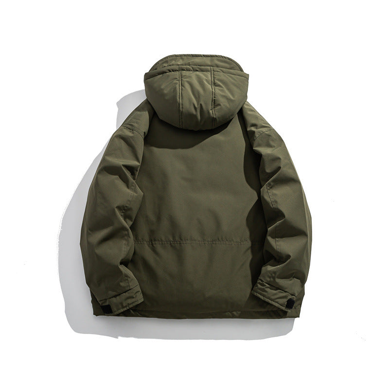 Herren Kurz geschnittener wetterfester Hybrid-Parka mit Kapuze, Druckknopfblende und schrägen Reißverschlusstaschen Drune