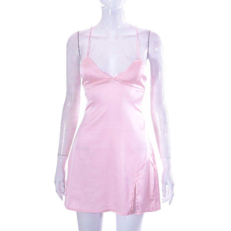 Damen Minikleid mit tiefem V-Ausschnitt und fließendem Satin-Effekt Drune