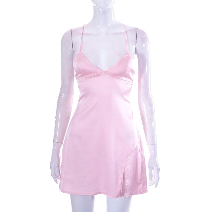 Damen Satin Mini-Kleid mit zarten Spaghetti-Trägern Drune