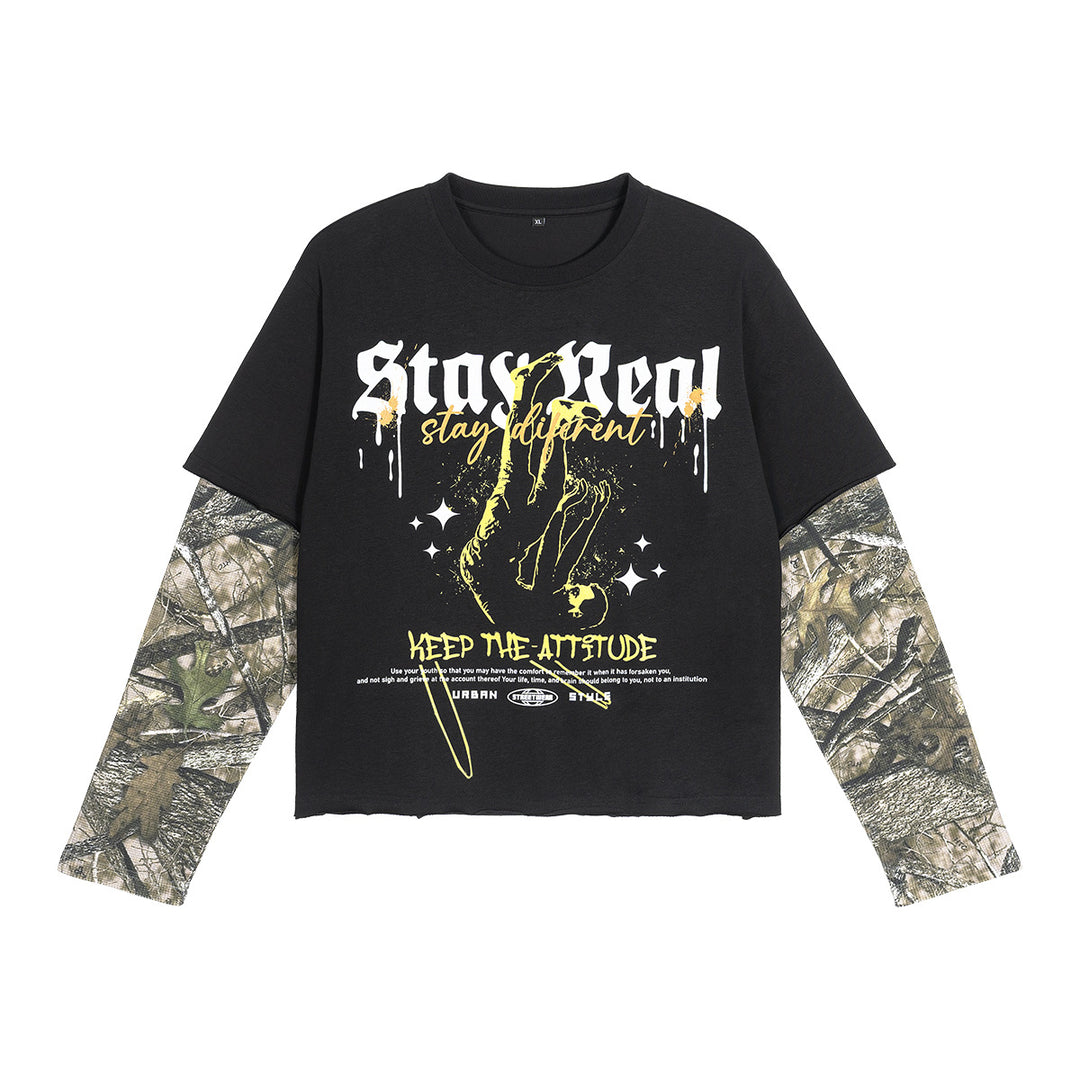 Herren Lagen-Langarm-T-Shirt mit Camouflage-Innensärmeln und Gothic-Print Drune