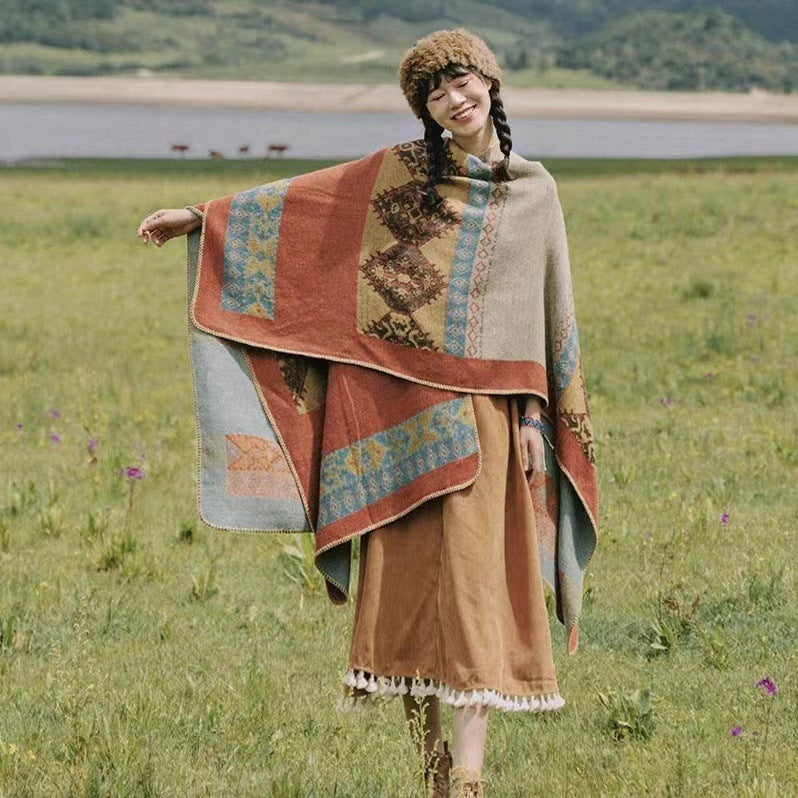 Damen Jacquard-Poncho-Cape mit Ethno-Muster und Wollmix Drune