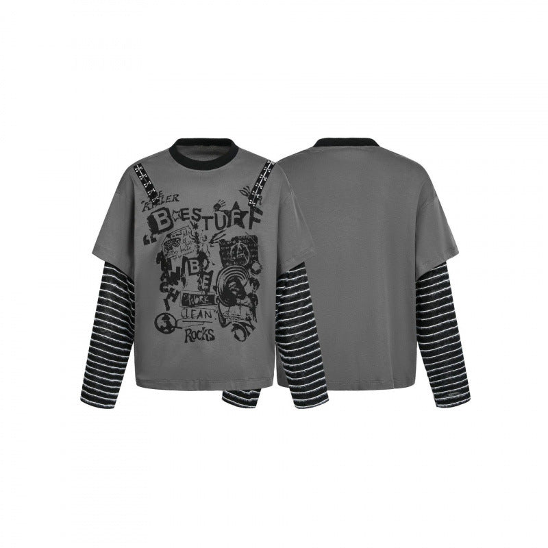 Damen Lagenlook-Longsleeve mit Grafikprint, gestreiften Einsatzärmeln und dekorativen Schulterträgern Drune