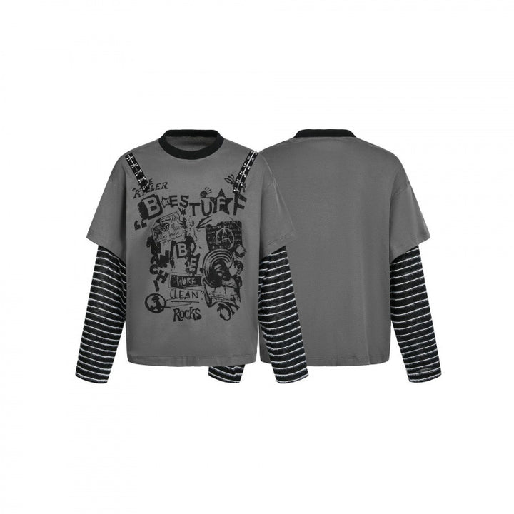 Damen Lagenlook-Longsleeve mit Grafikprint, gestreiften Einsatzärmeln und dekorativen Schulterträgern Drune
