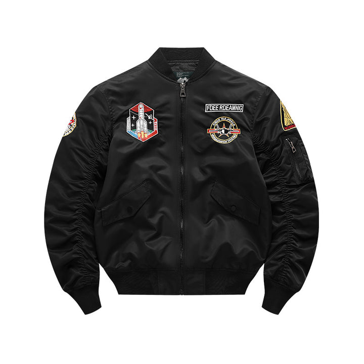 Men's  vintage-inspired mission patch flight bomber with utility sleeve pocket Drune