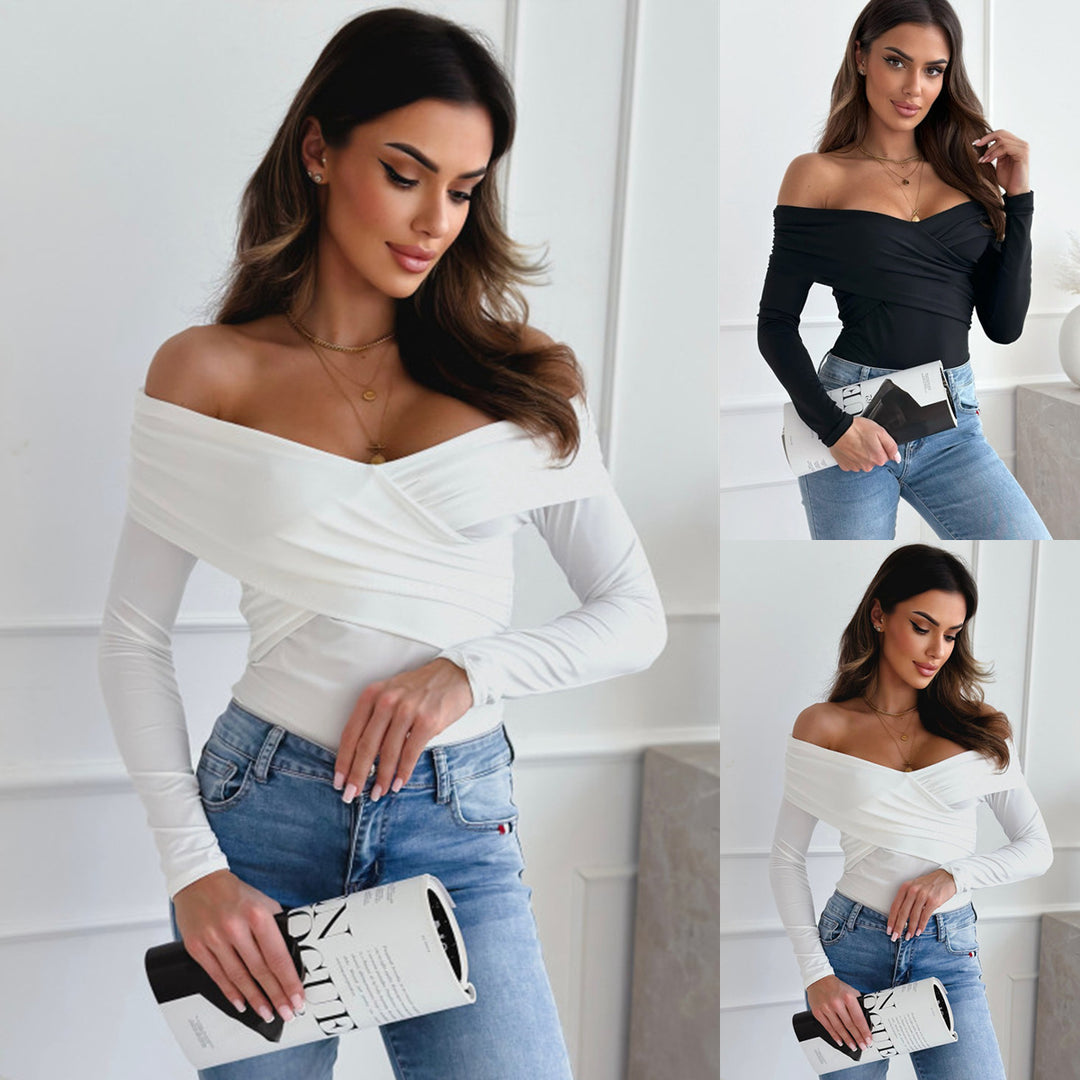 Damen Off-Shoulder Oberteil mit Wickeldesign und langem Arm Drune