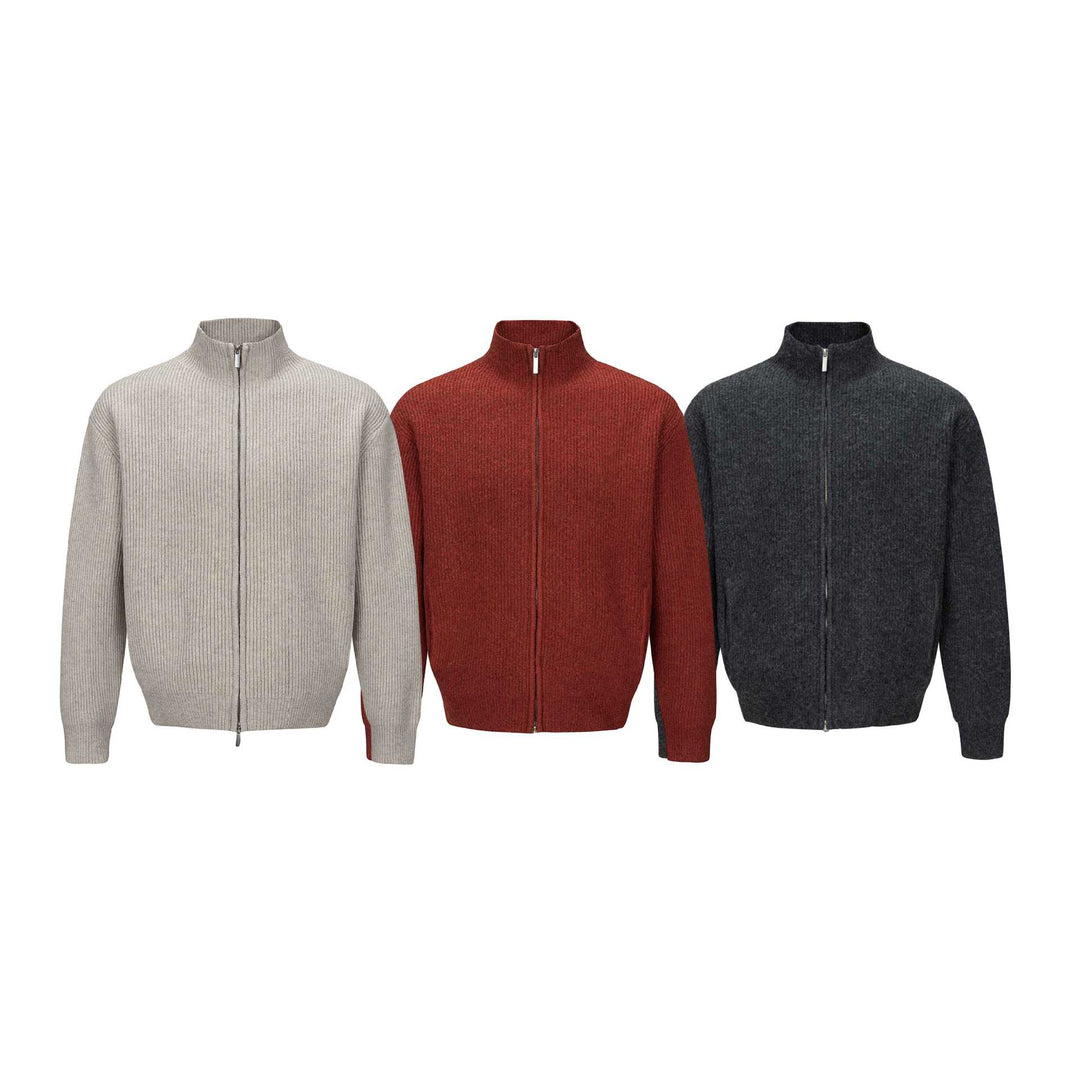 Unisex Kurzer gerippter Strickzipper mit hohem Stehkragen und schlankem Bund Drune