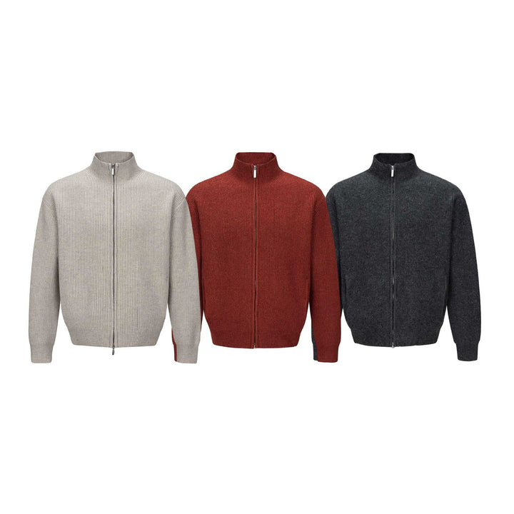 Unisex Kurzer gerippter Strickzipper mit hohem Stehkragen und schlankem Bund Drune