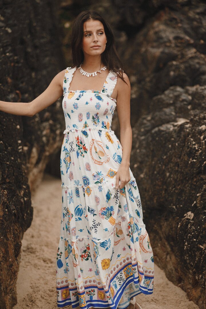 Damen luftiges Maxikleid mit floralem Print und Rüschendetails Drune