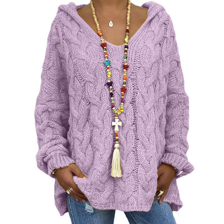 Damen Oversized Zopfmuster-Strickpullover mit Kapuze und lässigem V‑Ausschnitt Drune