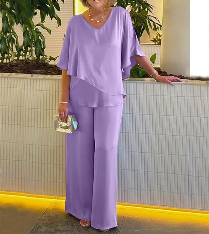 Damen elegante Kombination aus fließendem Oberteil und weitem Hosendesign Drune