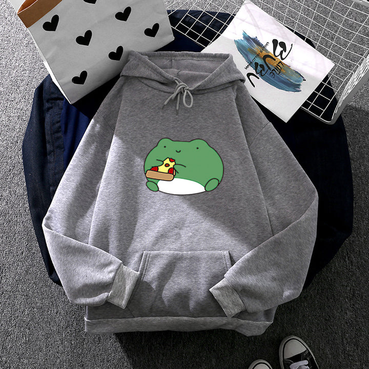 Damen nan gemütlicher Kapuzenpullover mit kawaii Frosch‑Pizza‑Motiv und oversized Relax‑Fit Drune