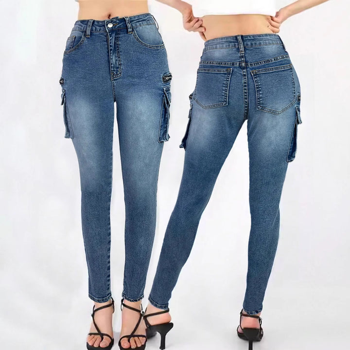 Damen High‑Waist Slim‑Cargo‑Jeans mit Klappentaschen und Reißverschluss-Details Drune