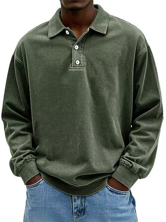 Herren nan lässiges Poloshirt-Sweatshirt mit Kragen, Vintage-Waschung und dreiteiliger Knopfleiste Drune