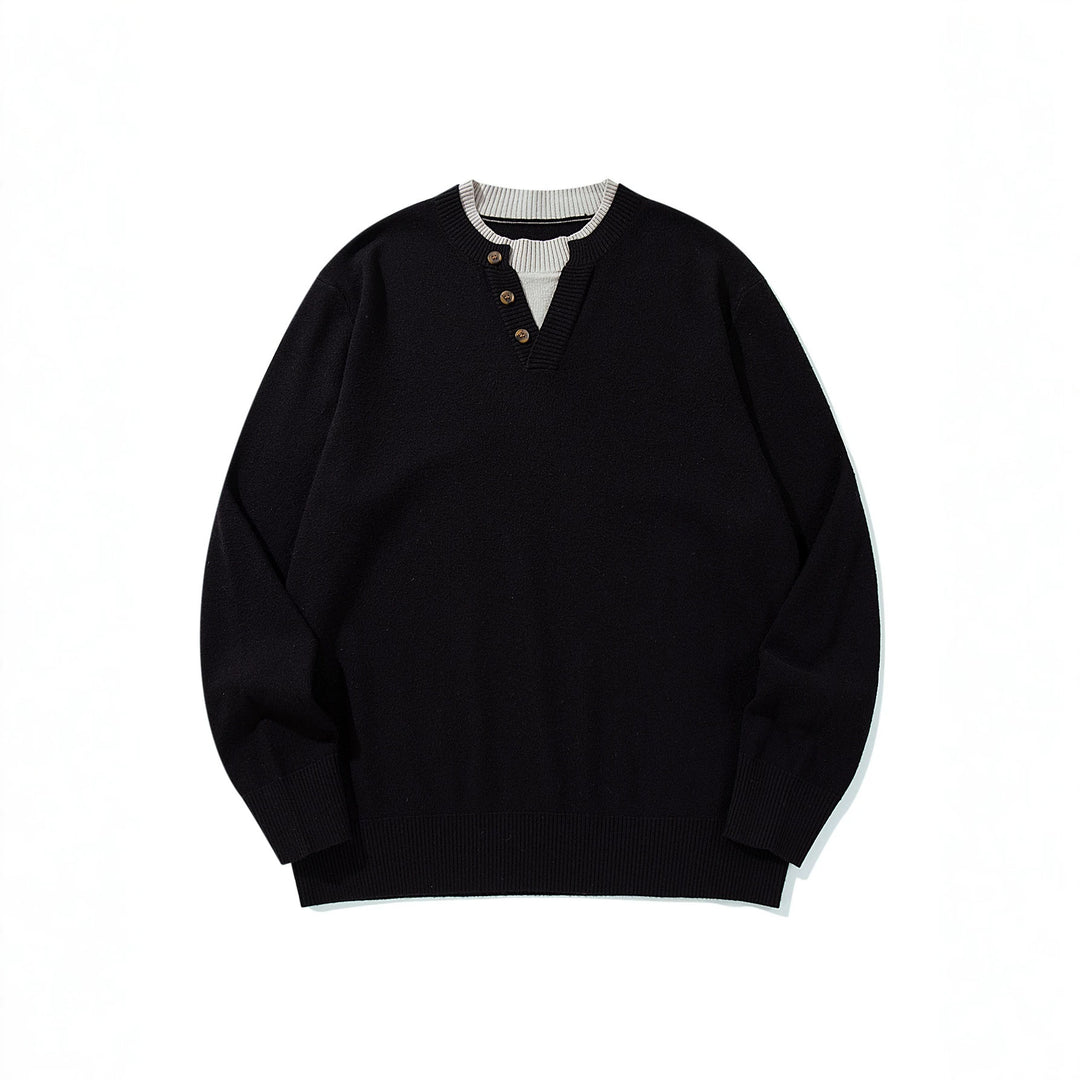 Unisex Gerippter Baumwollmix-Pullover mit Henley-Knopfleiste und Relaxed-Schnitt Drune