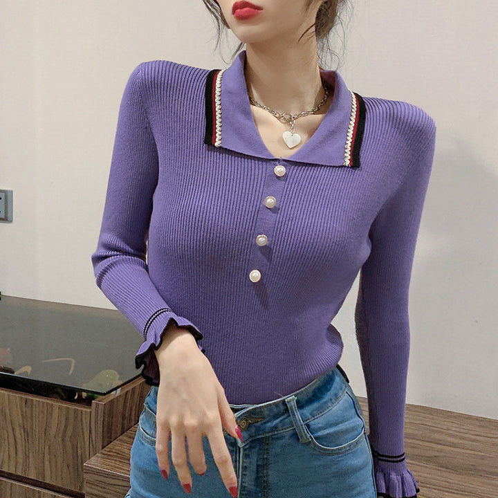 Damen Elegantes Strickoberteil mit modischem Kragen Drune