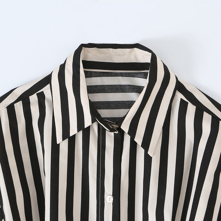 Damen Oversize-Streifenbluse mit Taillenschärpe und Hemdkragen Drune