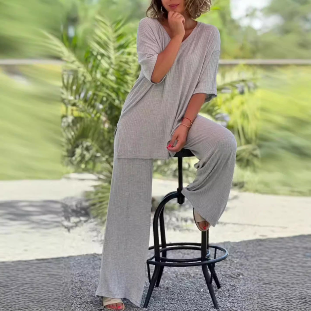 Damen nan zweiteiliges Reise- und Loungewear-Set aus weichem Rippjersey mit Longline-Tunika und Palazzohose Drune