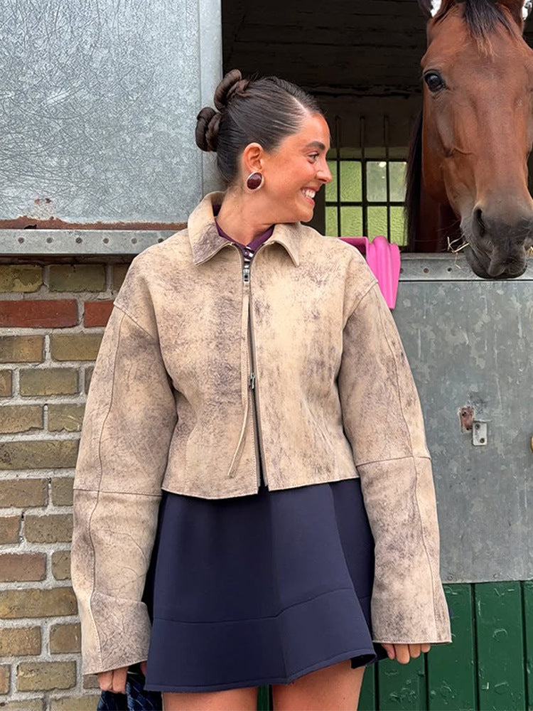 Damen Kurz geschnittene Velourslederjacke in Used‑Optik mit extra langen Ärmeln und Zwei‑Wege‑Reißverschluss Drune