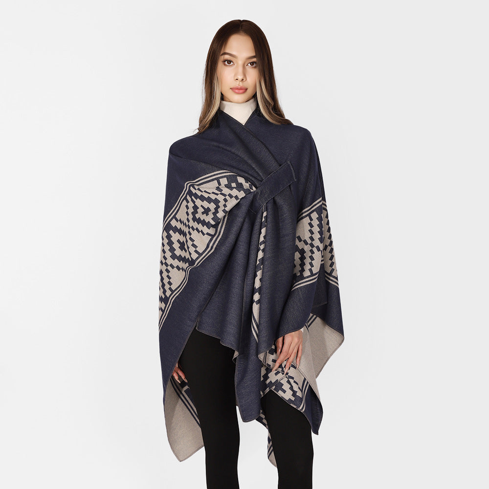 Damen Jacquard‑Ruana mit Bindegürtel und geometrischem Muster Drune