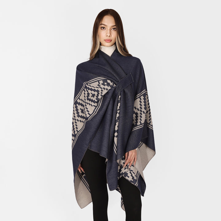 Damen Jacquard‑Ruana mit Bindegürtel und geometrischem Muster Drune