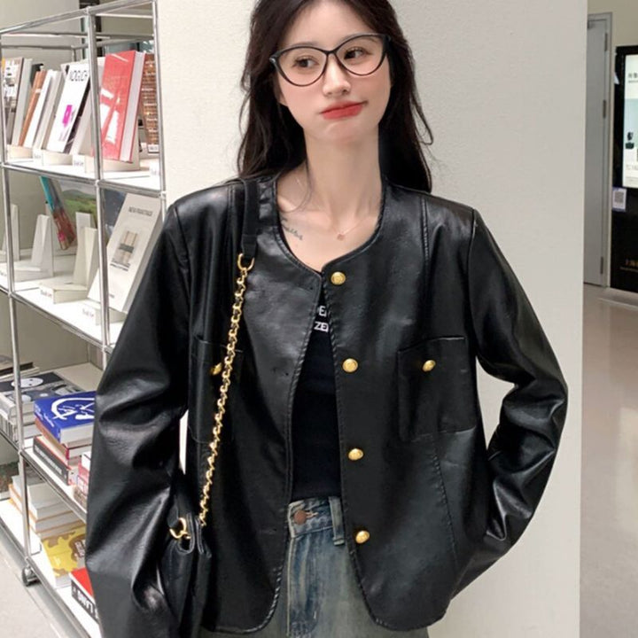 Damen Kunstlederjacke mit goldenen Knöpfen Drune