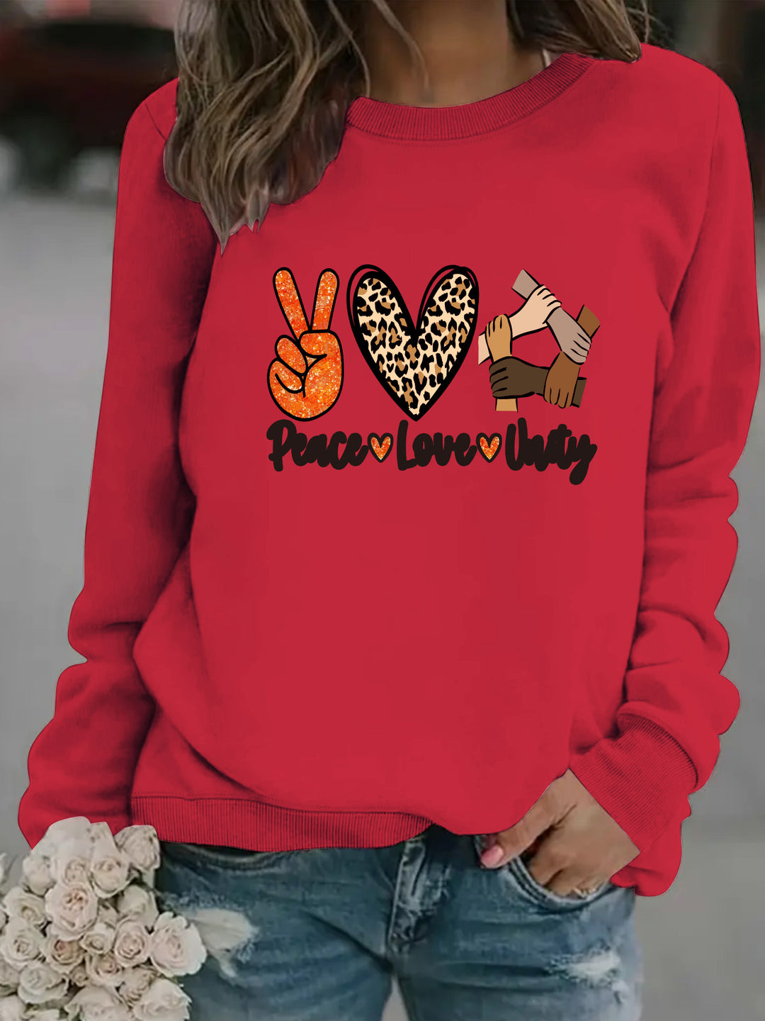 Damen Sweatshirt mit kreativem Peace, Love & Unity Motiv Drune