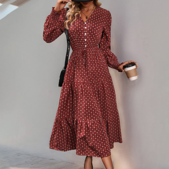 Damen Midikleid im Boho-Stil mit V-Ausschnitt, durchgehender Knopfleiste, Kordel-Taille und mehrstufigem Volantrock Drune