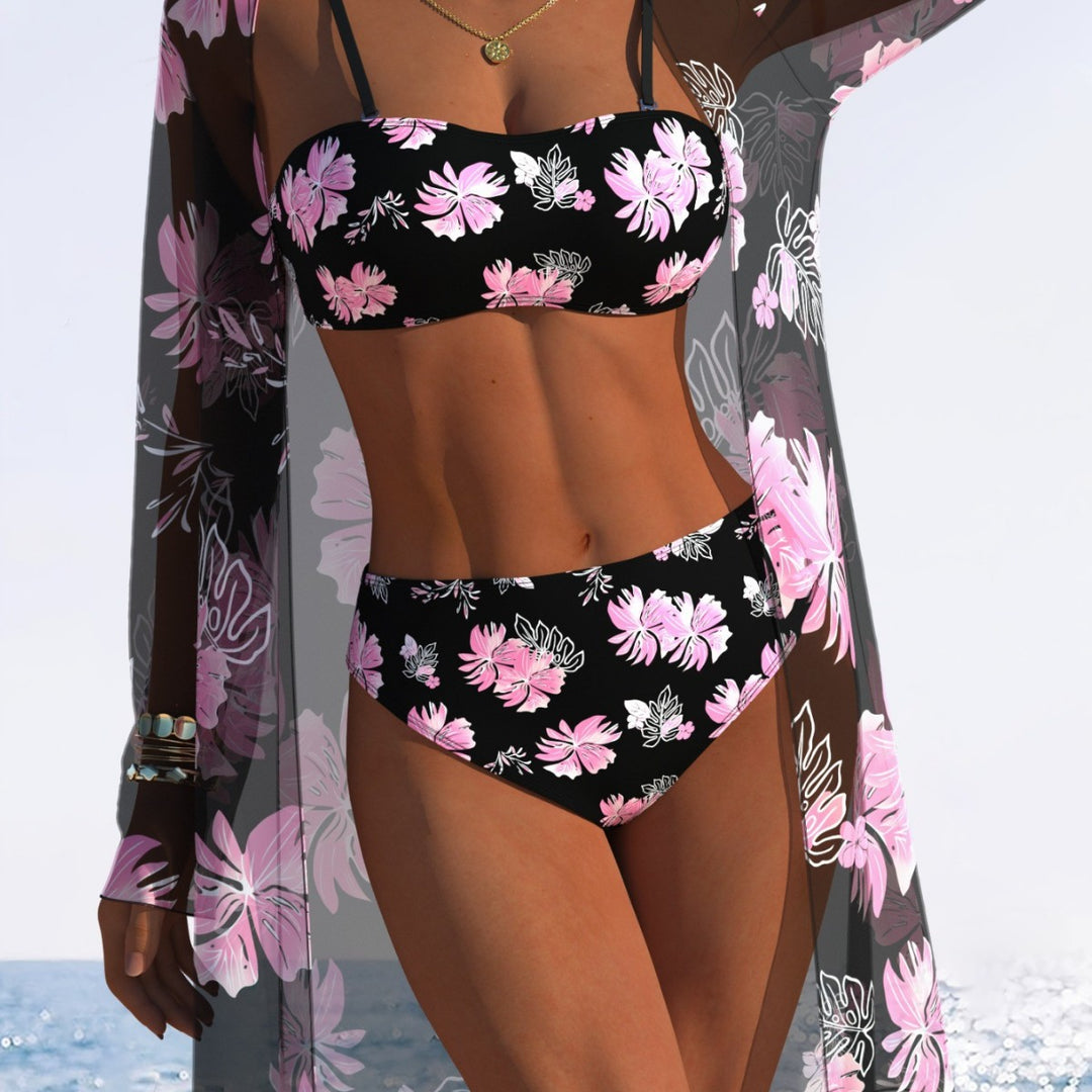 Damen Bikini-Set mit floralem Design und transparenter Strandjacke Drune