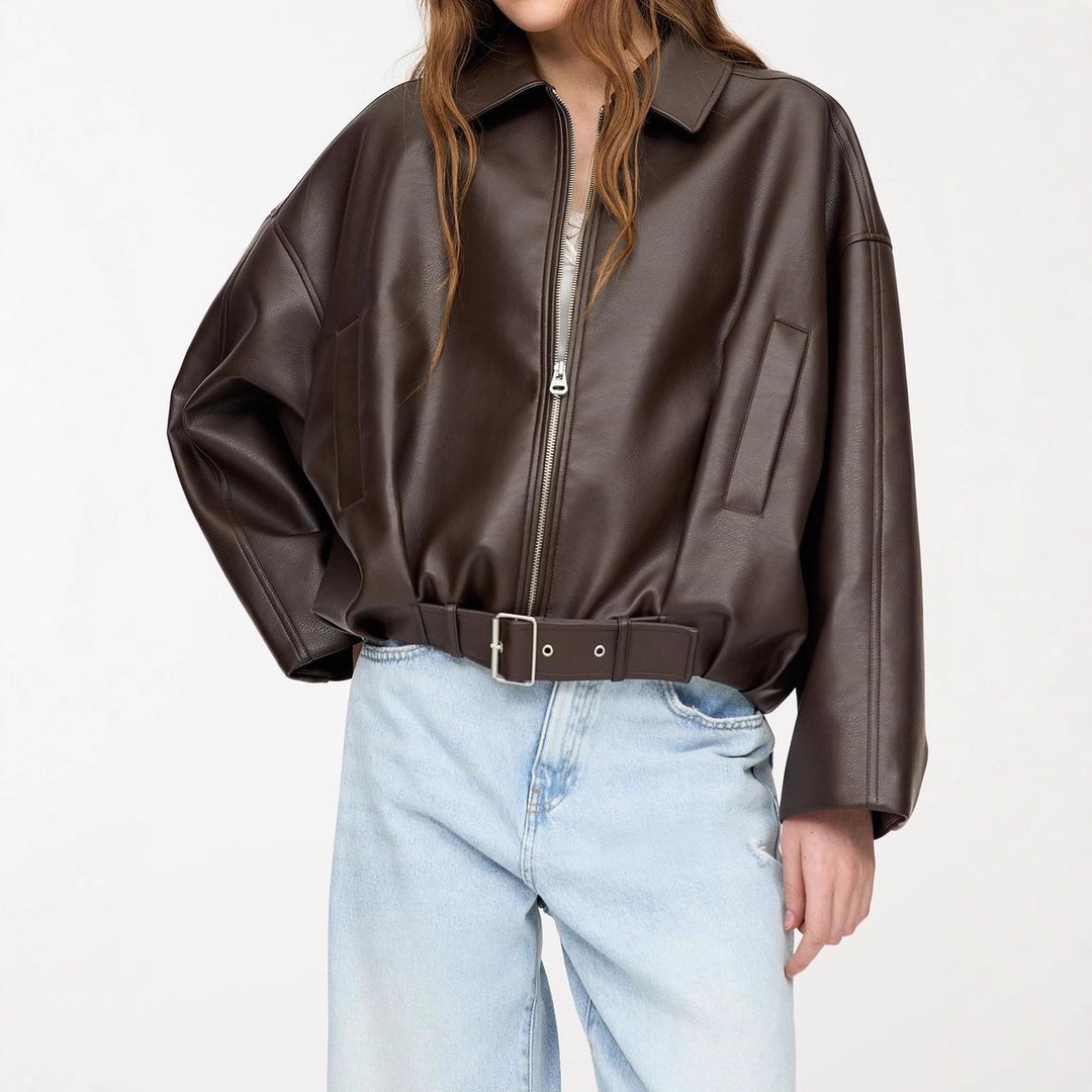 Damen Modische Kunstlederjacke mit auffälligem Kragen und Taillengürtel