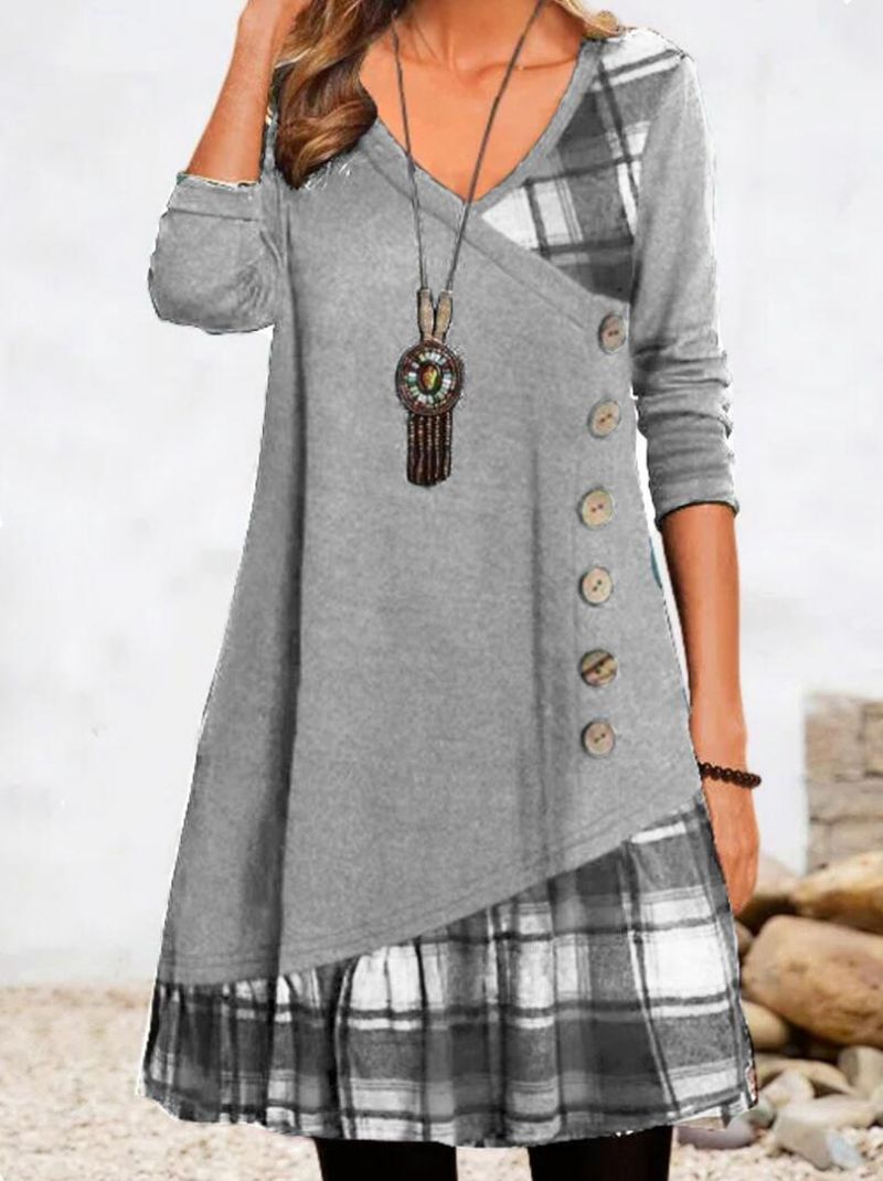 Damen nan asymmetrisches V-Ausschnitt-Tunika-Kleid mit Zierknopfleiste und Animalprint-Besatz Drune