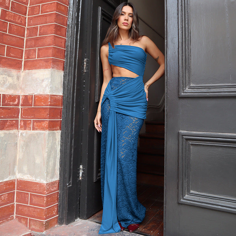 Damen Einseitiges Wickelkleid mit Spitzenakzenten Drune