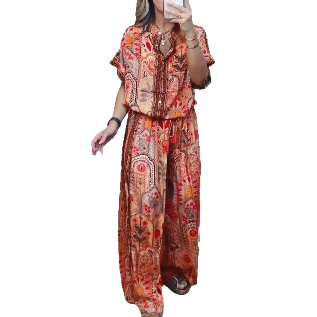 Damen nan Boho-Zweiteiler aus leichter Viskose mit Kurzarmbluse Knopfleiste Kordelbund und weitem Palazzohose Drune