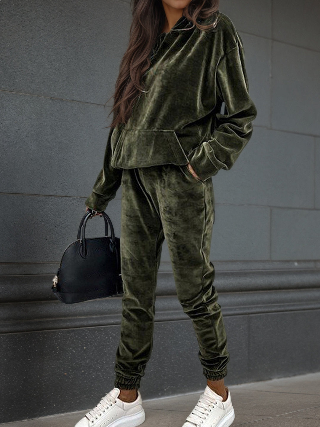 Damen Samt-Jogginganzug mit Kapuzenhoodie, Kängurutasche und elastischer Bündchenhose Drune