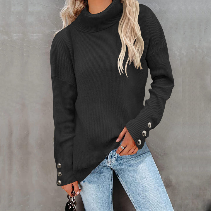 Damen Grobstrickpullover mit Rollkragen und Knopfdetail Drune