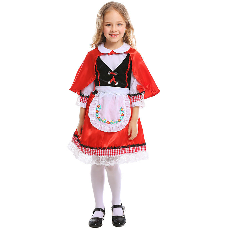 Mädchen Märchenhaftes Rotkäppchen Kostüm mit Umhang und gestickter Schürze Drune