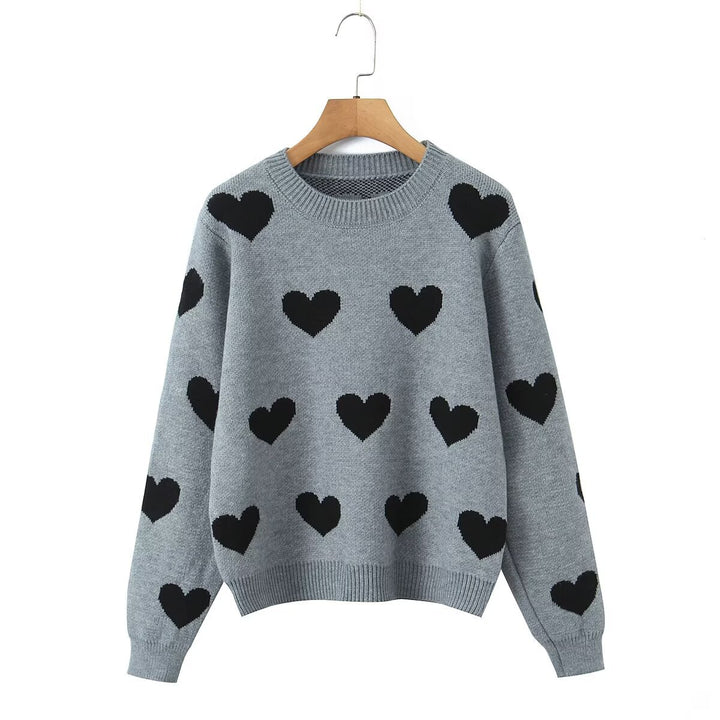 Damen Gemusterter Oversize Strickpullover mit Herzjacquard und Rundhalsausschnitt Drune