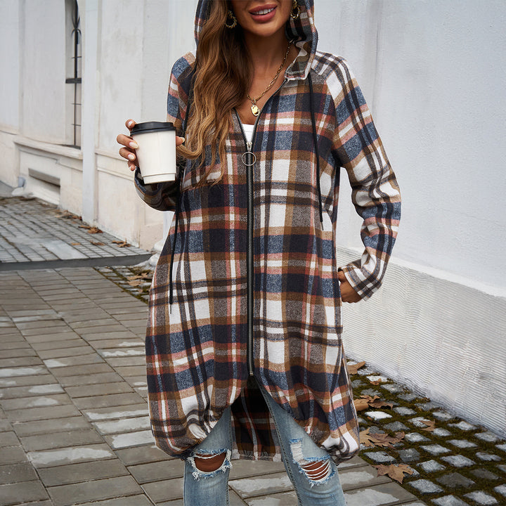 Damen Karierte Longjacke mit Kapuze und Taschen Drune