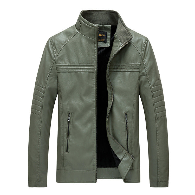 Herren Slim-Fit Kunstleder-Motojacke mit Stehkragen und gesteppter Ärmelpasse Drune